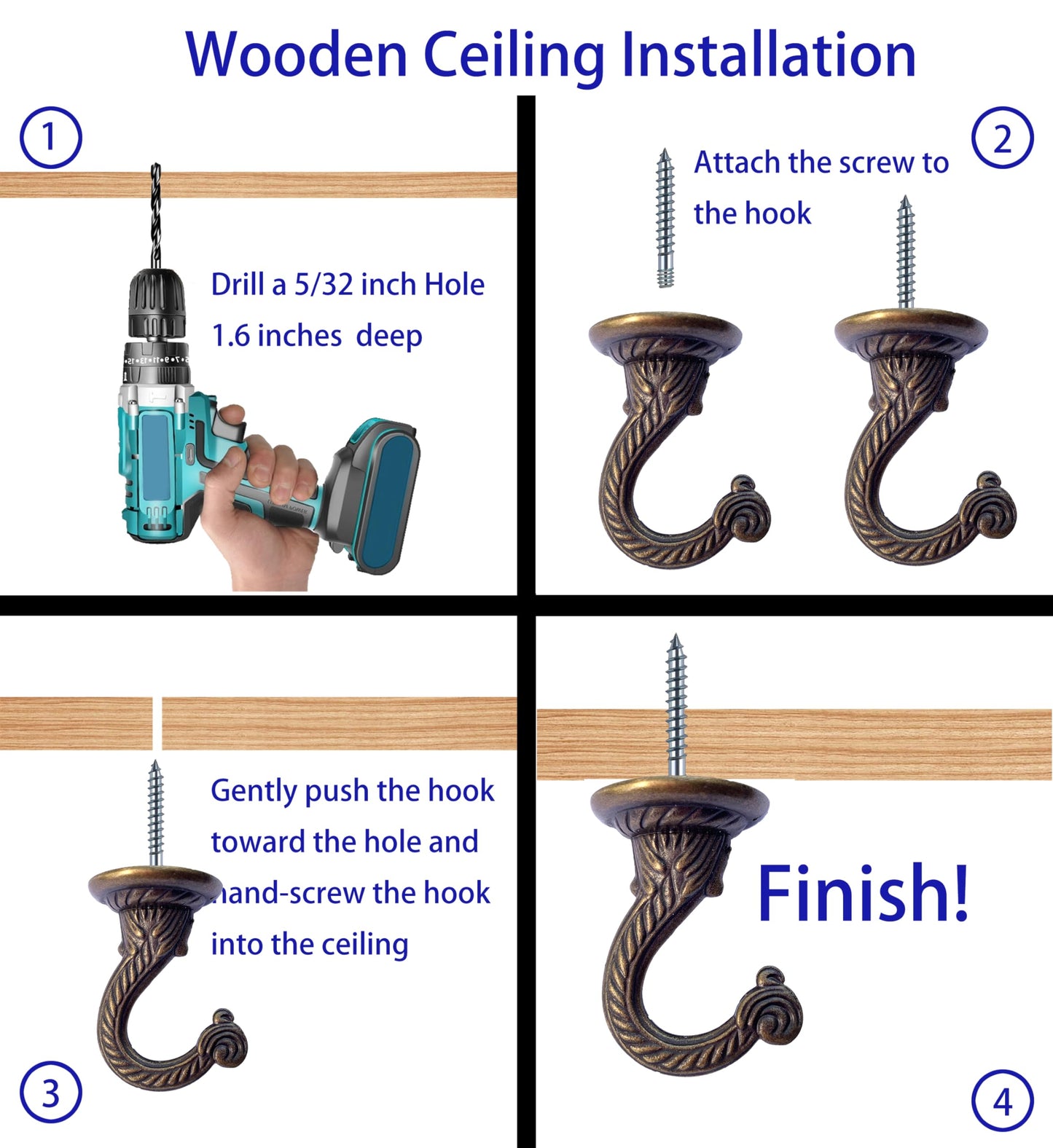 OBSTKUCHEN 6 Sets Large Swag Ceiling Hooks Heavy Duty Swag Hook with Hardware for Hanging Plants Ceiling Installation Cavity Wall Fixing (Antique Brass)