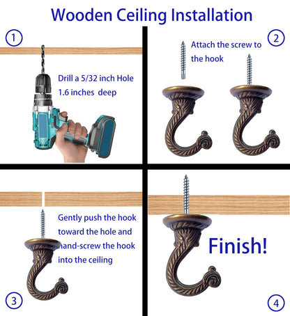 OBSTKUCHEN 6 Sets Large Swag Ceiling Hooks Heavy Duty Swag Hook with Hardware for Hanging Plants Ceiling Installation Cavity Wall Fixing (Antique Brass)