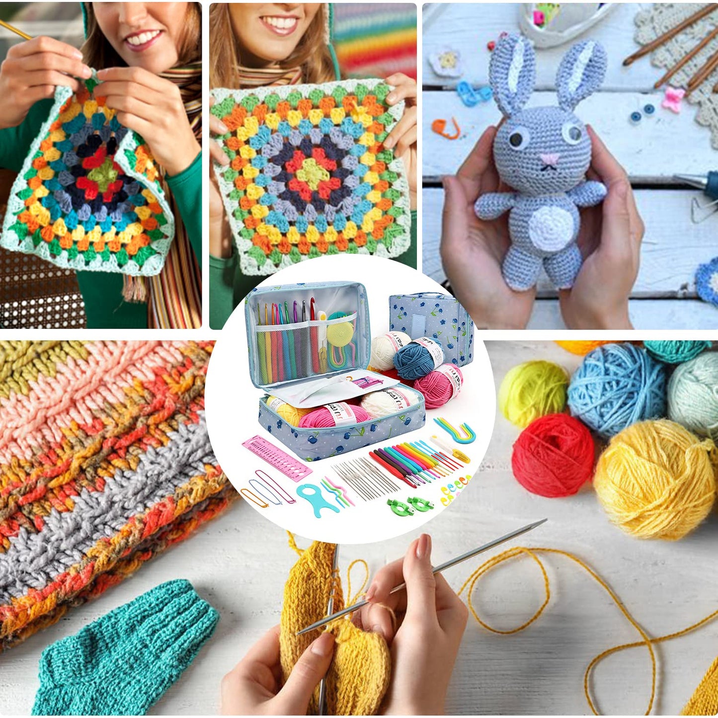58 PC Crochet Kit for Beginners Knitting & Crochet Supplies,Premium Crocheting Kit Includes 5 Spools Crochet Yarn, 21 Crochet Hooks,6 Needes and 1 Crochet Case, Crochet Kits for Starter Adults Kids