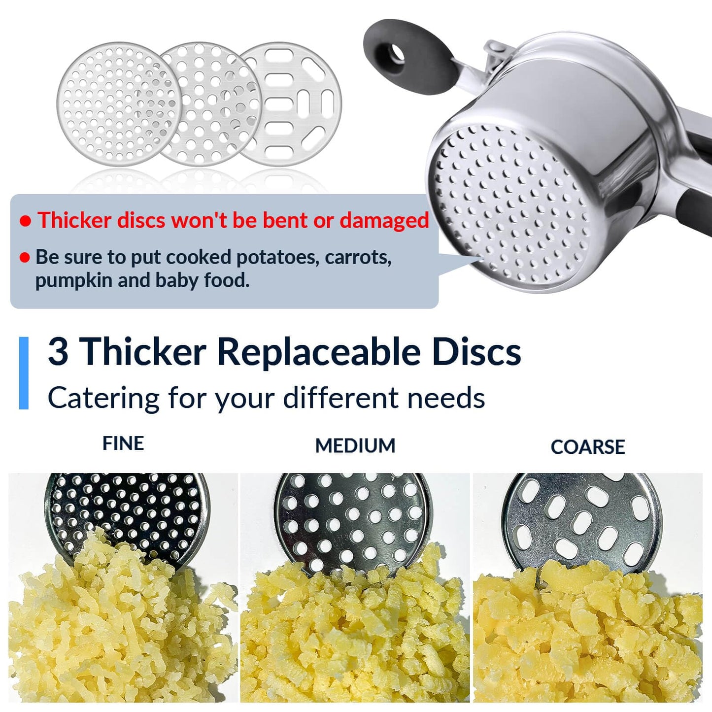 Potato Ricer,Ricer for Mashed Potatoes-3 Interchangeable Discs Potato Masher Stainless Steel for Fluffy Mashed Potatoes,Heavy Duty Spaetzle Maker with Silicone Handle,for Gnocchi Spaghetti