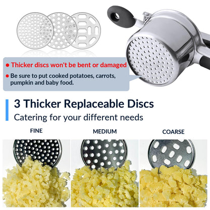 Potato Ricer,Ricer for Mashed Potatoes-3 Interchangeable Discs Potato Masher Stainless Steel for Fluffy Mashed Potatoes,Heavy Duty Spaetzle Maker with Silicone Handle,for Gnocchi Spaghetti