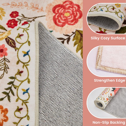 Runner Rugs for Hallway 2x6 Ft, Ultra Thin Non-Slip Long Floral Carpet Washable, Area Rug for Living Room Bedside Entryway Hall Bedroom Stain Resistant Boho Low-Pile Indoor(Beige with Pink)