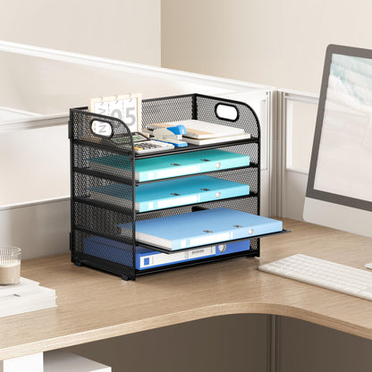 5 Tier Paper Desk Organizer with Handle and 1 Pcs Slideable Letter Tray, A4 Paper File Folder Sorter Metal Mesh Organizer for Home Office School Desk Supplies Organization Storage - Black