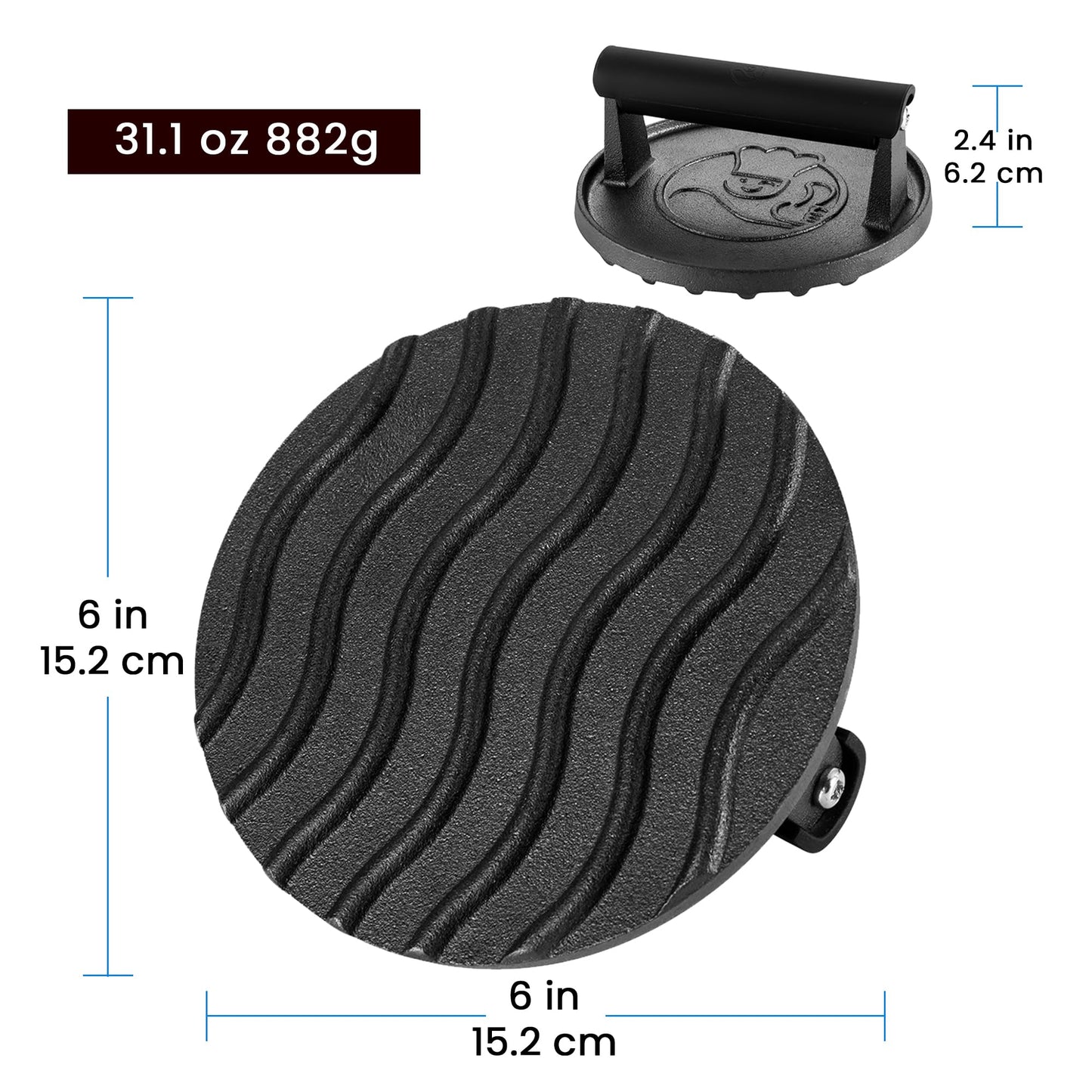 2 lb Smash Burger Press for Griddle, Heavy Duty Hamburger Press w/Heat Resistant Handle, Cast Iron Grill Press, Bacon Press, Round Burger Smasher for Griddle, Meat Press, BBQ Grilling Accessories