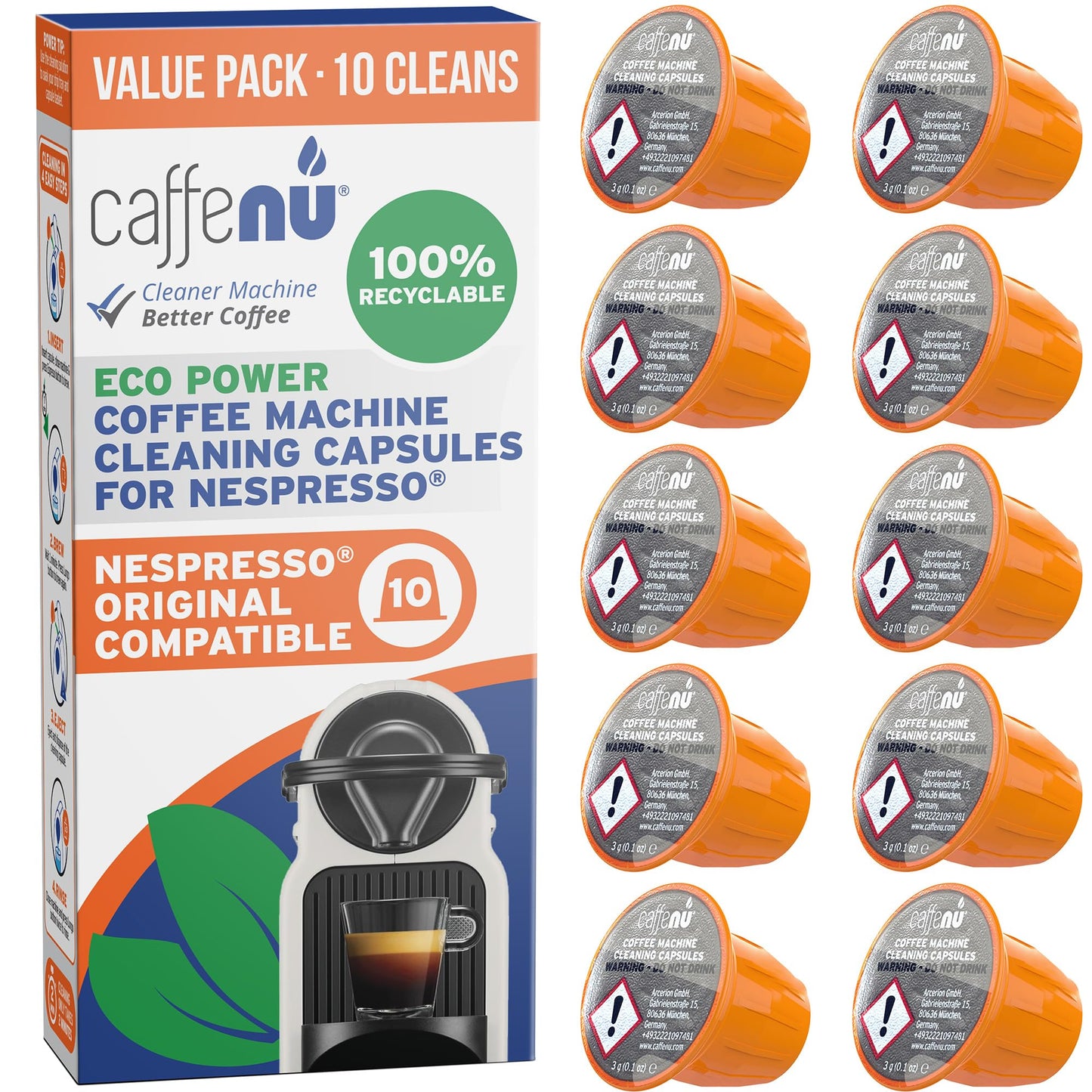 Caffenu Cleaning Pods compatible with Nespresso OriginalLine 10 Cleaner Capsules to enhanced Coffee Flavor. Use with Descaling Kit.