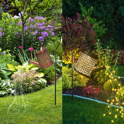 QOCNAM Solar Watering Can with Lights, Retro Metal Hanging Solar Lantern with String Lights, Solar Lanterns Outdoor Waterproof Garden Decor, Star Art Lamp Decorative for Walkway Backyard Patio Lawn