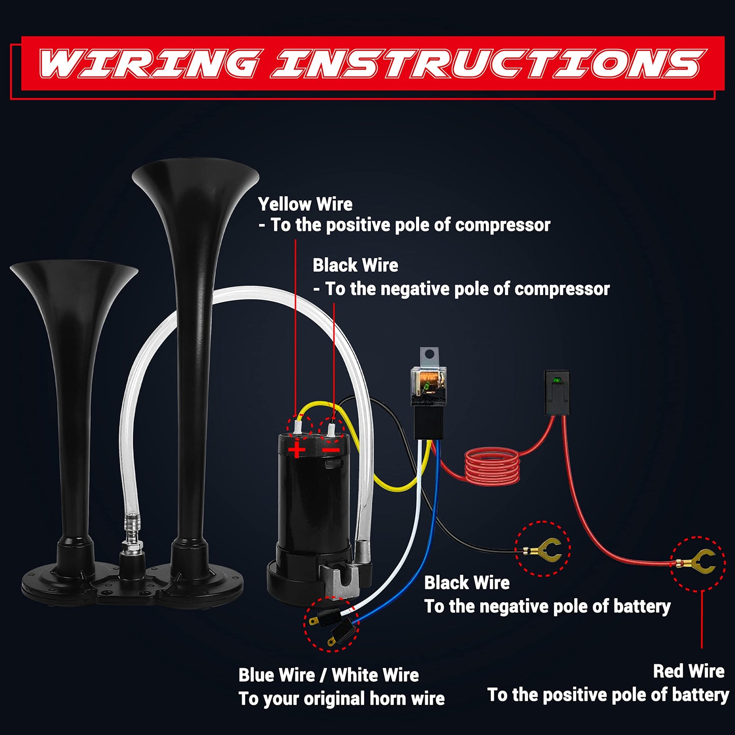 CARFKA Air Horn for Truck Boats Car, 150DB Super Loud Train Horns Kit with 120 PSI Air Compressor (Dual Black)