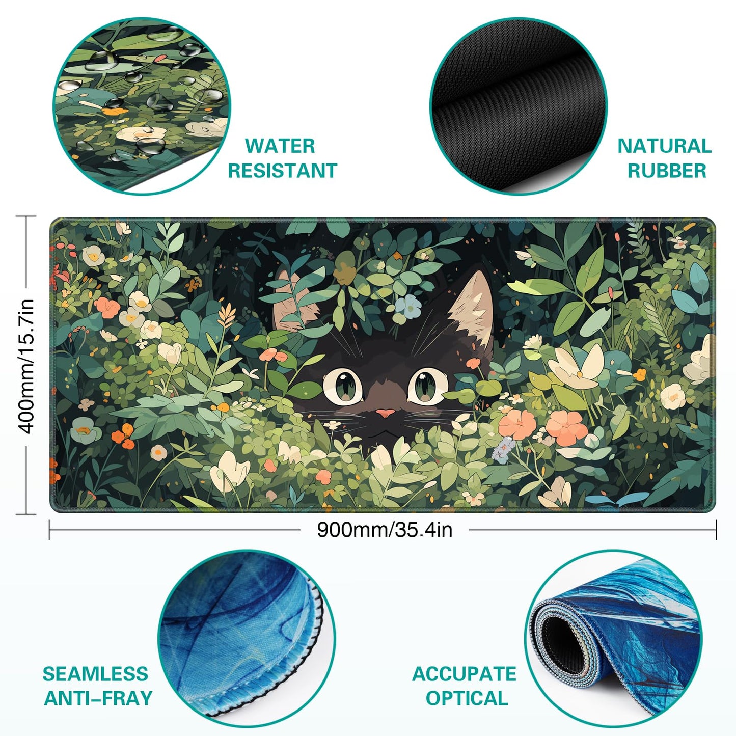 Anime Cat Mouse Pad Green Desk Mat, Kawaii XXL Large Mouse Pad Keyboard with Stitched Edges Non-Slip, 35.4×15.7in Mousepad Mat for Desktop Computer Laptop Office Women Decor Game Funny