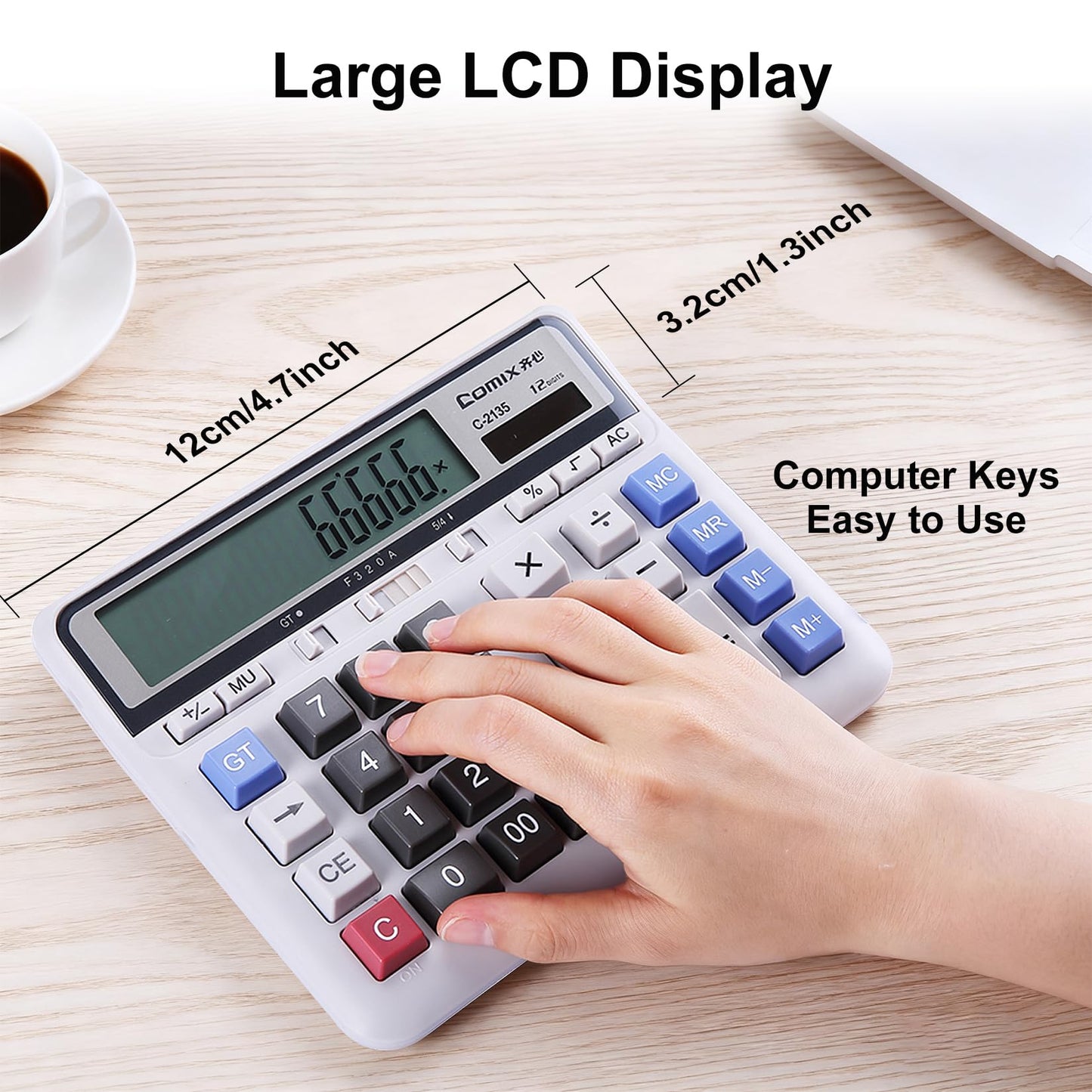 Comix Desktop Calculator Solar Battery Dual Power with 12-Digit Large LCD Display and Large Computer Keys Standard Function Calculator for Home Office School, White