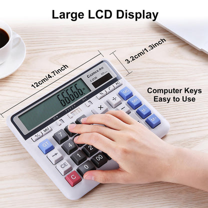 Comix Desktop Calculator Solar Battery Dual Power with 12-Digit Large LCD Display and Large Computer Keys Standard Function Calculator for Home Office School, White