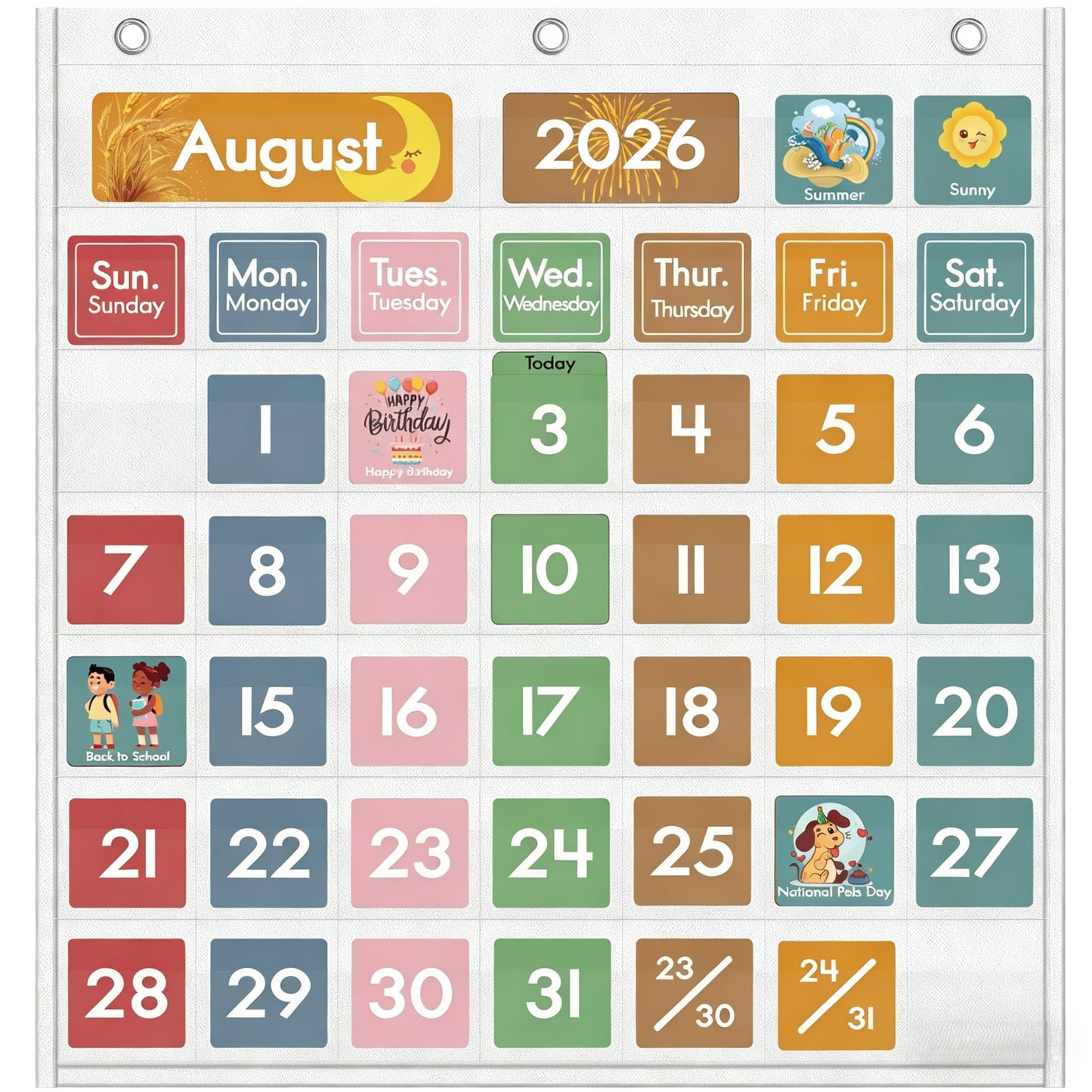 Yoink 46 Pockets Classroom Calendar Pocket Chart with 77 Cards, Daily Monthly Learning Calendar for Circle Time Weather Seasons, Preschool Kindergarten Homeschool Must Have, Teacher Supplies (White)