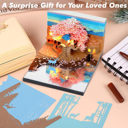3D Calendar 2026 Memo Pad Time Piece Calendar Elk Sakura Tree House Paper Art Notepad Carving Gift Desk Decor, Art Desk Calendar DIY Notes with LED Lights/Case, Craft Sculpture Home Office Decoration