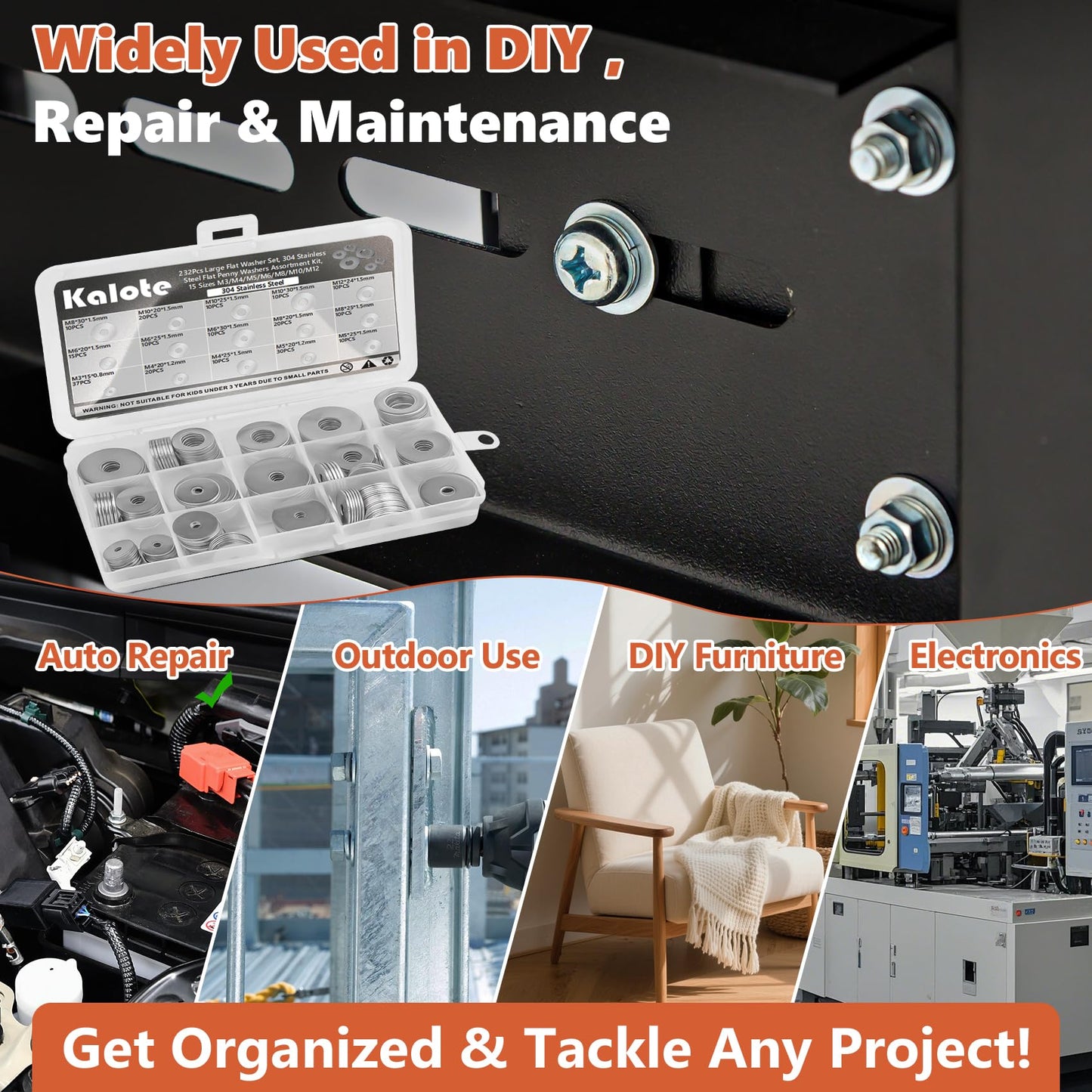 Washers, 232 Pcs 304 Stainless Steel Flat Penny Washers for Screws Bolts Kit -Large OD Metric Fender Washers Assortment (M3 M4 M5 M6 M8 M10 M12)| Anti-Rust for Automotive, Machinery, DIY Repair