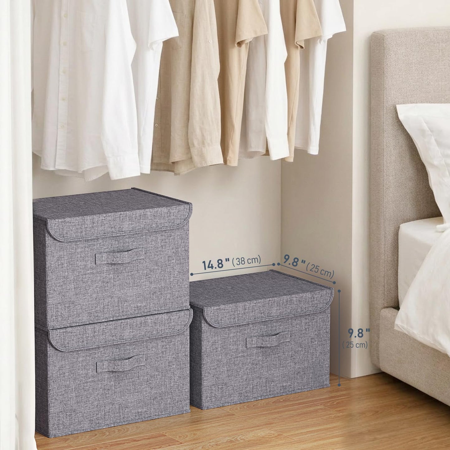DIMJ Fabric Storage Box with Lid - 2Pcs Closet Storage Bin with Handle Organizer and Storage Foldable Decorative Basket with Lid Storage Containers Clothes,Bedroom, Office(Dark Grey)