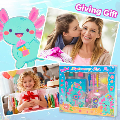 Axolotl Diary for Girls with Lock, Axolotl Stationery Set with Secret Diary, Stamps, Pens, Axolotl Journal Notebook Birthday Gifts for Little Girls Age 5 6 7 8 9 10-12