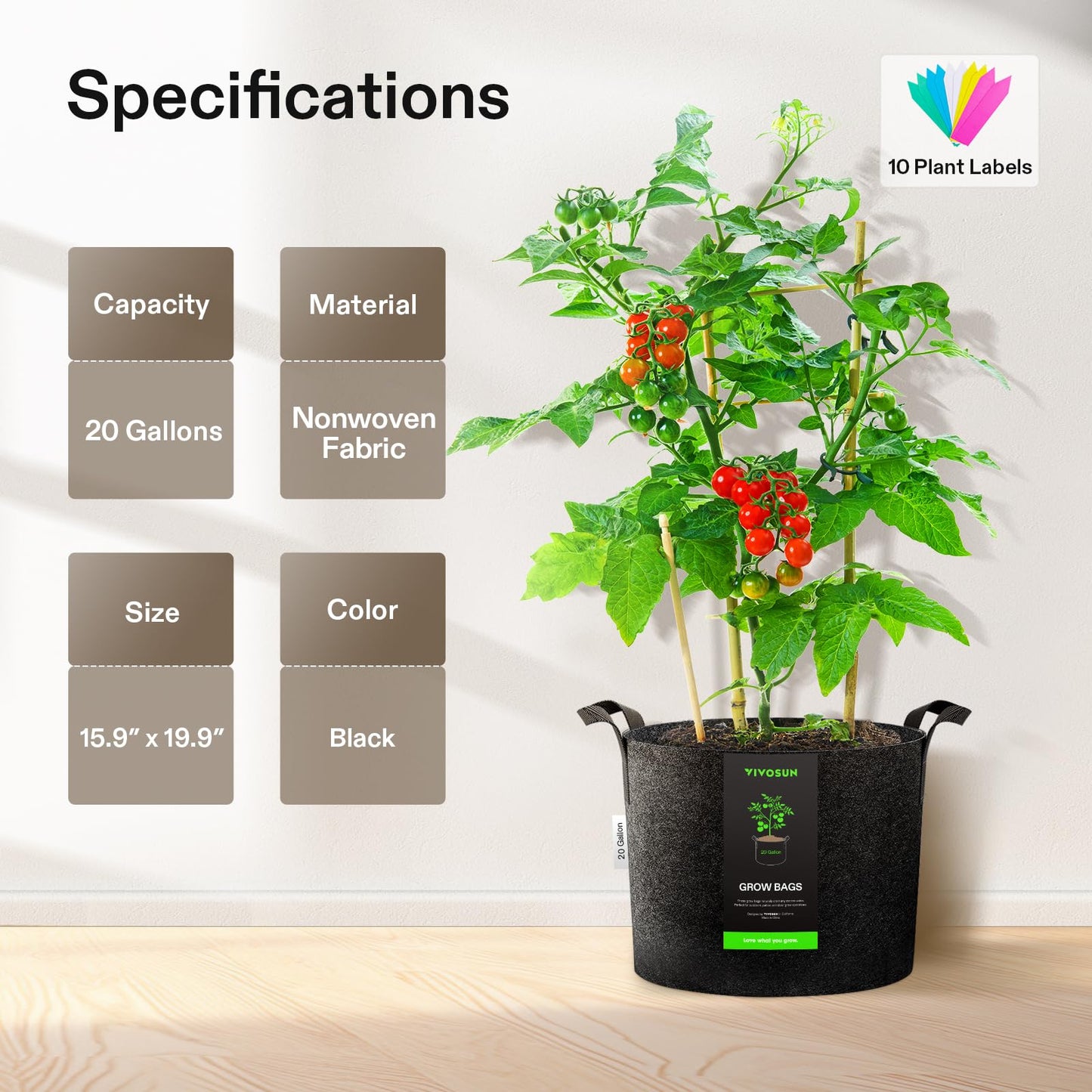 VIVOSUN 5-Pack 20 Gallons Grow Bags Heavy Duty Thickened Nonwoven Fabric Pots with Handles