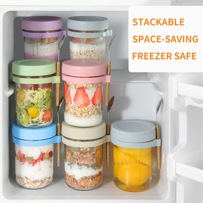 Xyptorix 6 Pack Overnight Oats Containers with Lids and Spoons, 16 oz Mason Jars with Removable Separate Compartments, Airtight and Leak-Proof Glass Jars for Chia Pudding, Yogurt, and Oatmeal