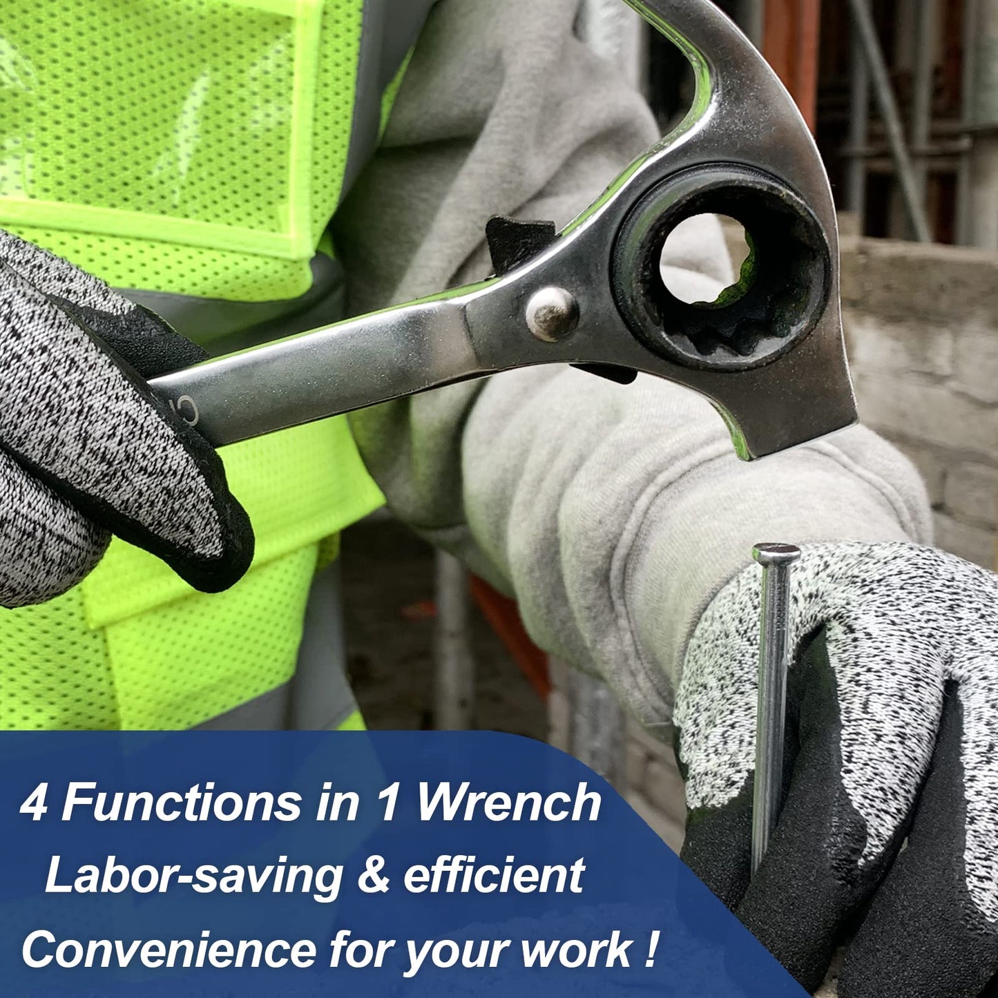 DAKCOS 4-in-1 Ratchet Podger Wrench, 19x22mm Multifunctional Scaffold Ratchet Spanner with Pry bar, Hammer & Claw Nail Puller (Silver)