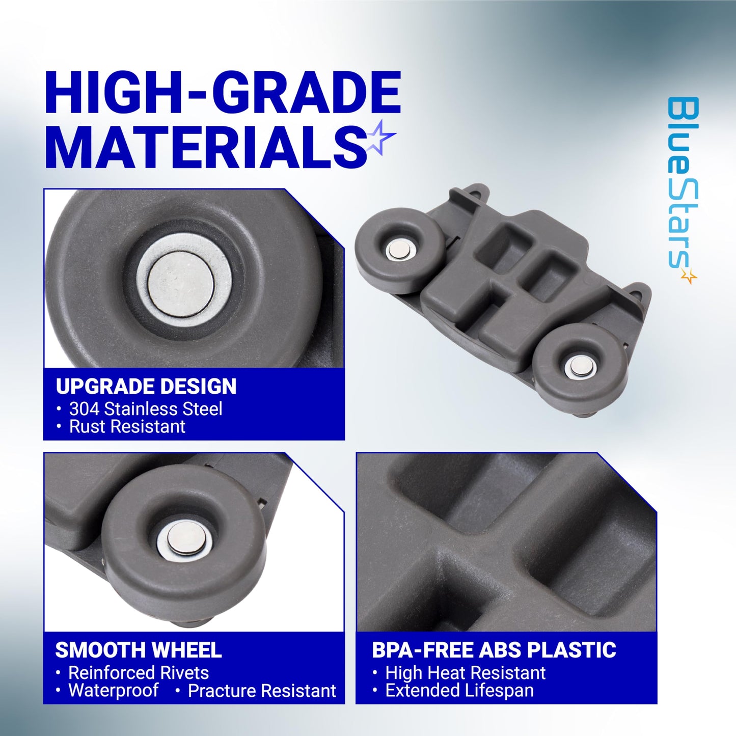 [UPGRADED] Ultra Durable W10195416 Lower Dishwasher Wheel Replacement by Blue Stars - Exact Fit for Whirlpool Kenmore Dishwasher- PACK OF 4 - Enhanced Durability with Steel Screws