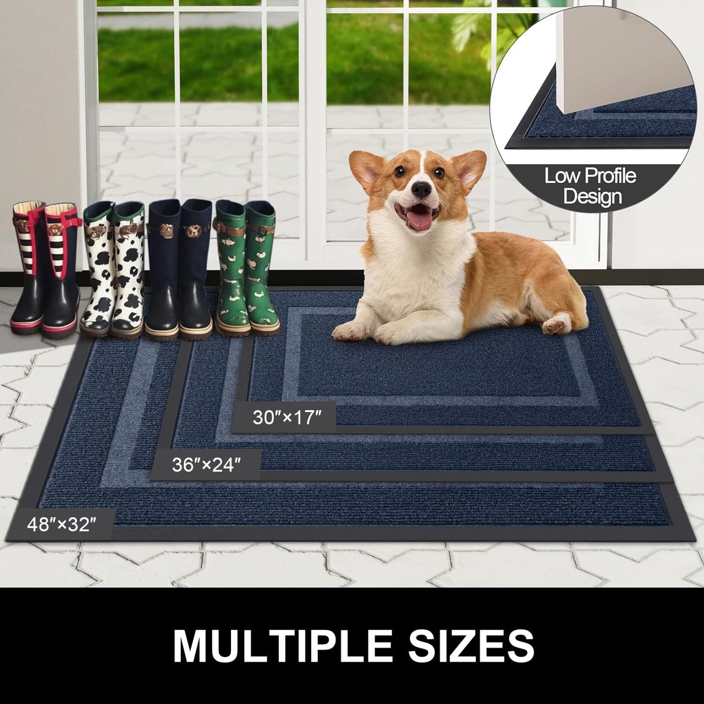Arotive Front Door Mat Outdoor Indoor Entrance, Non Slip Heavy Duty Sturdy Natural Rubber Mat, Durable & Fade Resistant, Easy Clean Low Profile Welcome Mat for Entryway and Patio, 30 x 17, Navy