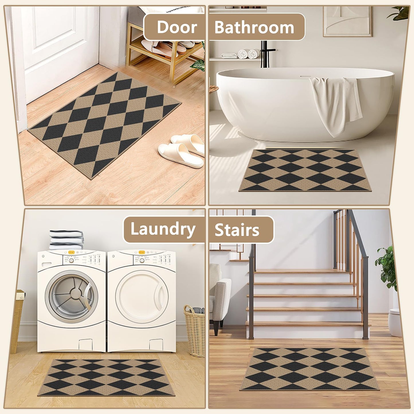 Capslpad Indoor Door Mat 24"x36",Non-Slip Checkered Front Door Mat Indoor,Easy Jute Low-Profile Entryway Mat,Mud Trapper Absorbent Inside Floor Mats Area Rug for Entrance Entry(Nature/Black)
