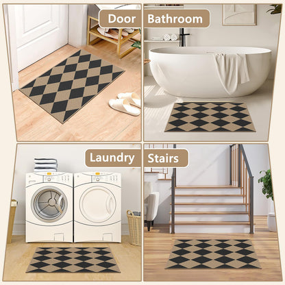 Capslpad Indoor Door Mat 24"x36",Non-Slip Checkered Front Door Mat Indoor,Easy Jute Low-Profile Entryway Mat,Mud Trapper Absorbent Inside Floor Mats Area Rug for Entrance Entry(Nature/Black)