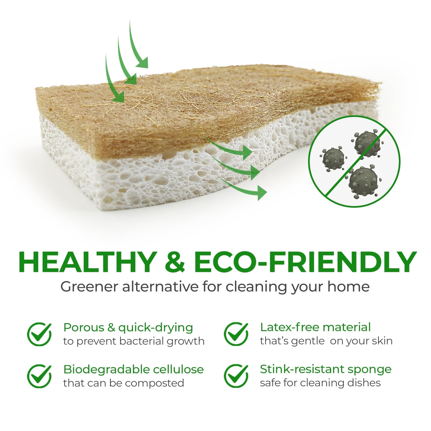 AIRNEX 12 Pack Biodegradable Natural Kitchen Sponges - Eco Friendly Cellulose and Coconut Dish Scrubbers - Non Scratch, Odourless Dual Sided Multipurpose Sponges