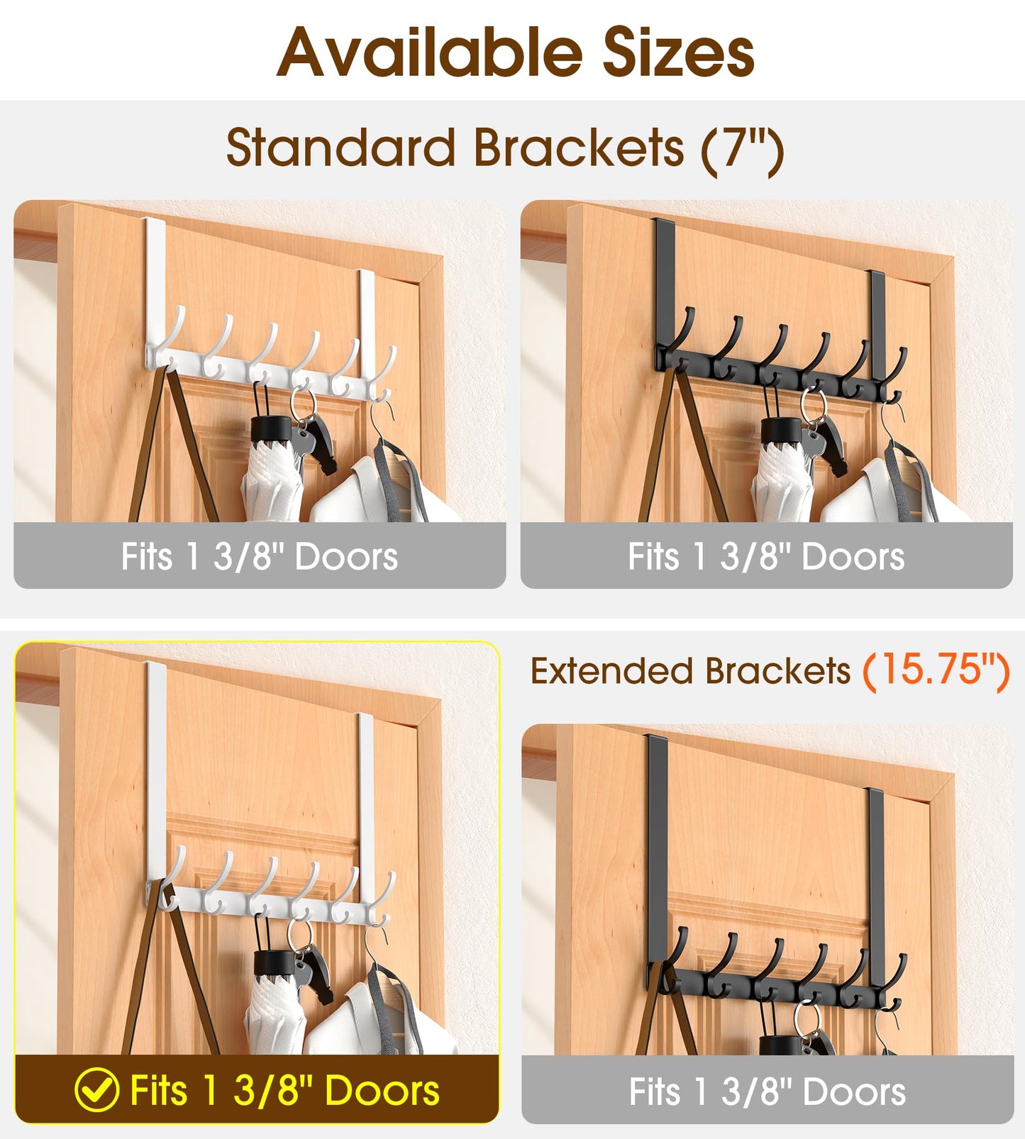 CHAUNCEY HOME Long Over The Door Hooks Hanger with 15.75" Arms for Easier Access by Shorter, Heavy Duty Door Hanger for Coat, F16C, Fits Standard 1 3/8'' Doors, Towel Racks for Bathroom, White