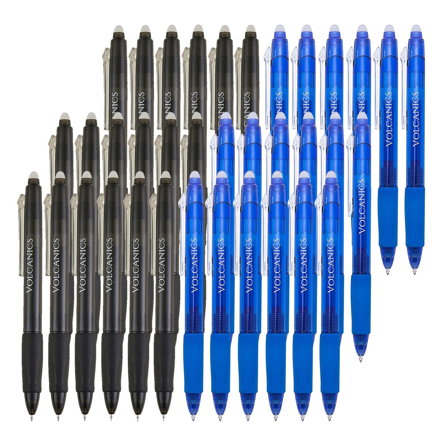 Volcanics Retractable Clicker Erasable Gel Pens - 0.7mm Ball Point, Heat Erase with Built-in Eraser, 36 Pack Blue and Black
