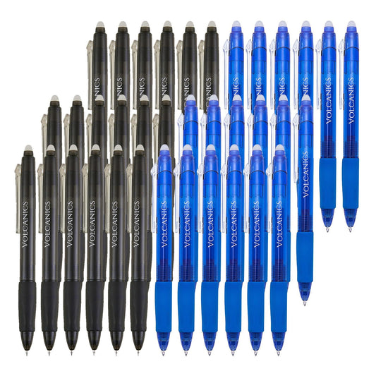 Volcanics Retractable Clicker Erasable Gel Pens - 0.7mm Ball Point, Heat Erase with Built-in Eraser, 36 Pack Blue and Black
