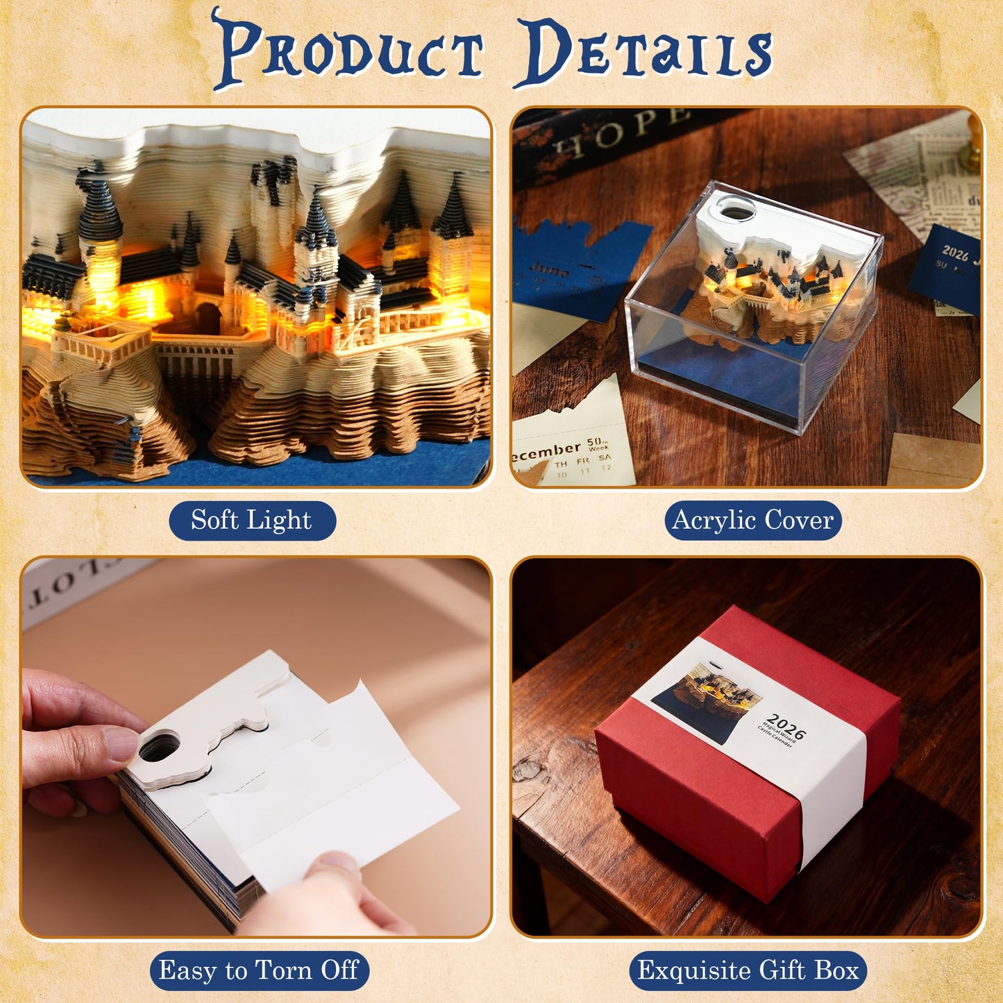 3D Time Piece Calendar 2026, Art Calendar Memo Pad 2026 Mini Desk Calendars Magic Castle with Lights, 3D Sticky Note Desktop Tear Off Calendar Gift for Christmas Office Decoration
