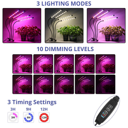 Sondiko Grow Lights for Indoor Plants Full Spectrum - Auto On/Off Timer (3/9/12H) & Dimmer (9 Levels) - Adjustable Gooseneck - 3 Switch Modes - Great for Greenhouse, Home, Office