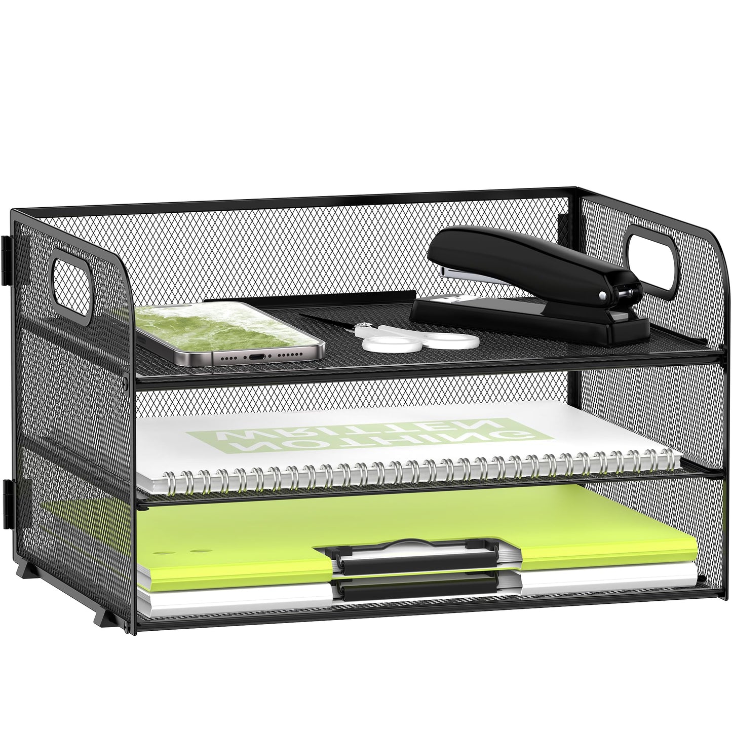 Daltack 3-Tier Paper Organizer with Handle, Mesh Desk Organizer Letter Tray, Paper Tray Organizer File Organizer for A4 File Folder，Black