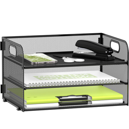 Daltack 3-Tier Paper Organizer with Handle, Mesh Desk Organizer Letter Tray, Paper Tray Organizer File Organizer for A4 File Folder，Black