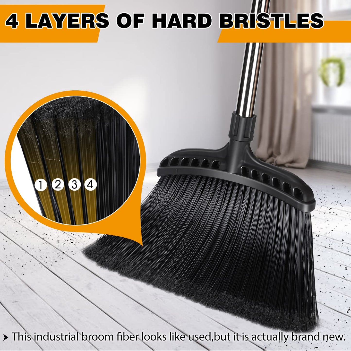 Almcmy Outdoor Broom, Commercial Heavy Duty Broom with Stainless Steel Handle, Angle Broom for Sweeping Indoor Lobby Home Garage Kitchen Office Courtyard Lawn Concrete - Black