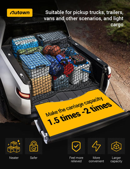 AUTOWN Cargo Net for Pickup Truck Bed - Stretchable 4'x4' to 7'x7', High Elastic Fine Mesh 1''x1'' with 8 Metal Carabiners - Ideal for ATV, SUV, UTV, Truck and Boat Use