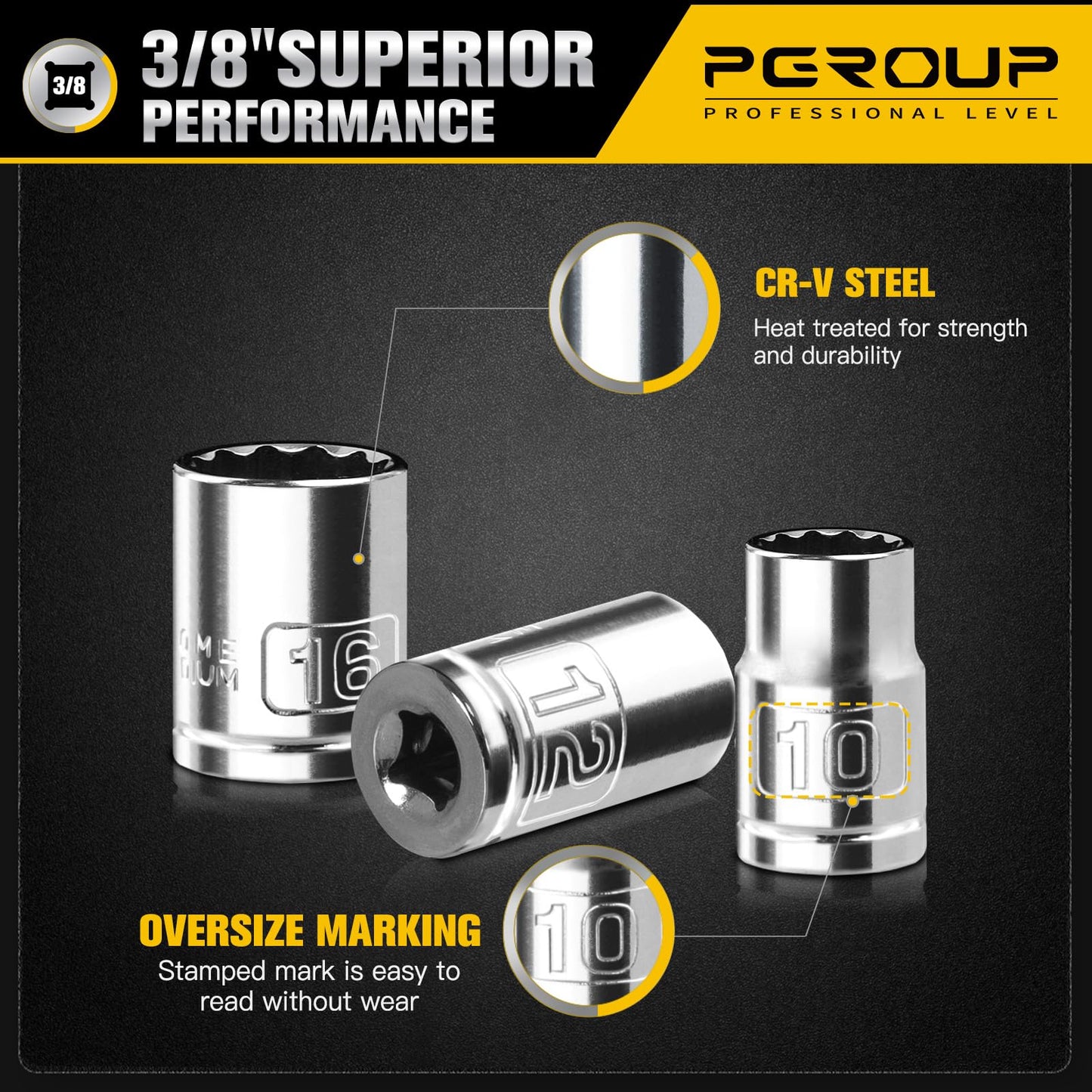 3/8 Inch Drive Socket Set - 10 Piece Metric 12-Point Shallow Socket Set (10mm, 11mm, 12mm, 13mm, 14mm, 15mm, 16mm, 17mm, 19mm, 22mm), Chrome Vanadium Steel