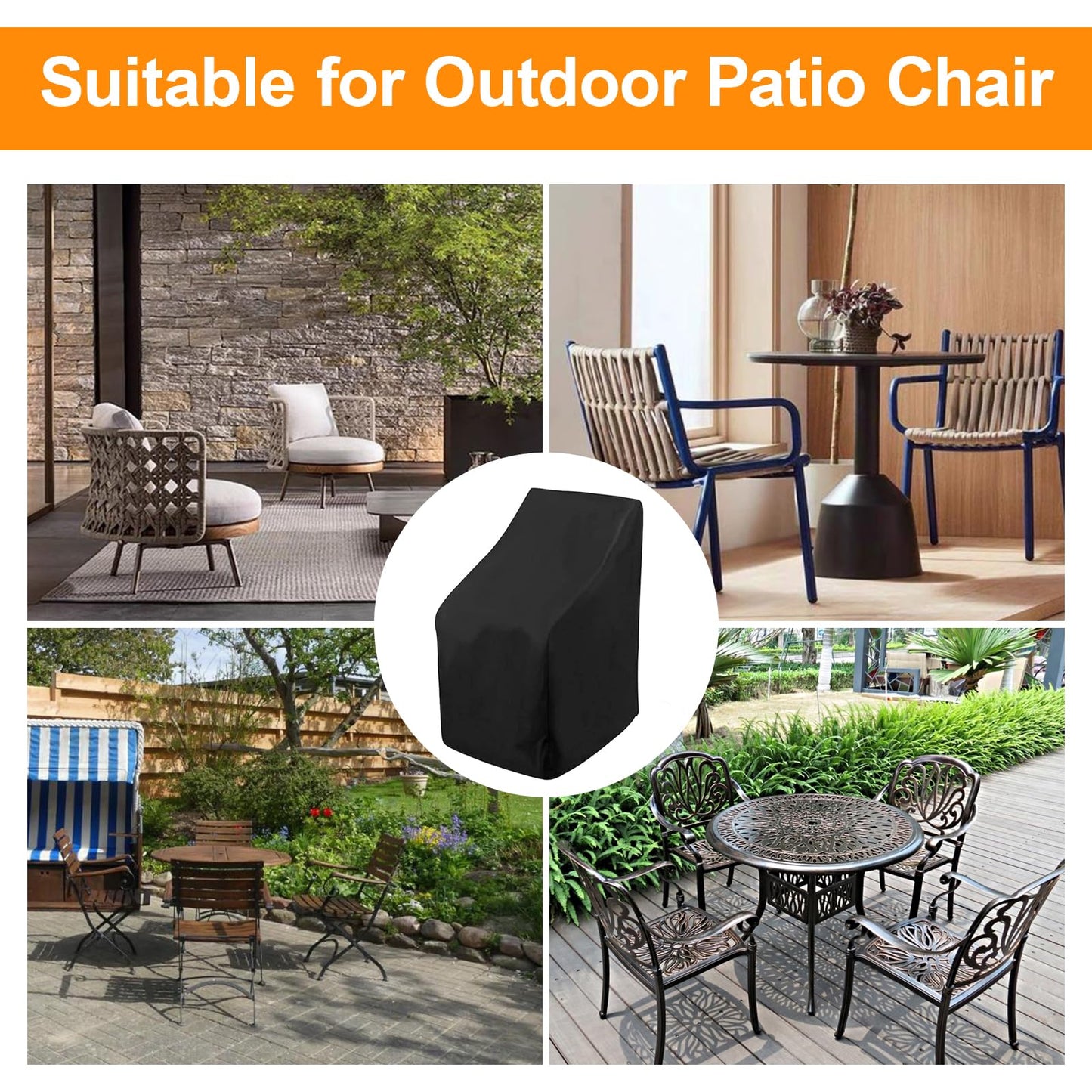 Waterproof Stacking Chair Covers for Outdoor Furniture, All-Weather Heavy-Duty 210D Oxford Fabric, Fits 25"x25"x47" Patio Chairs (Black，2 PCS)