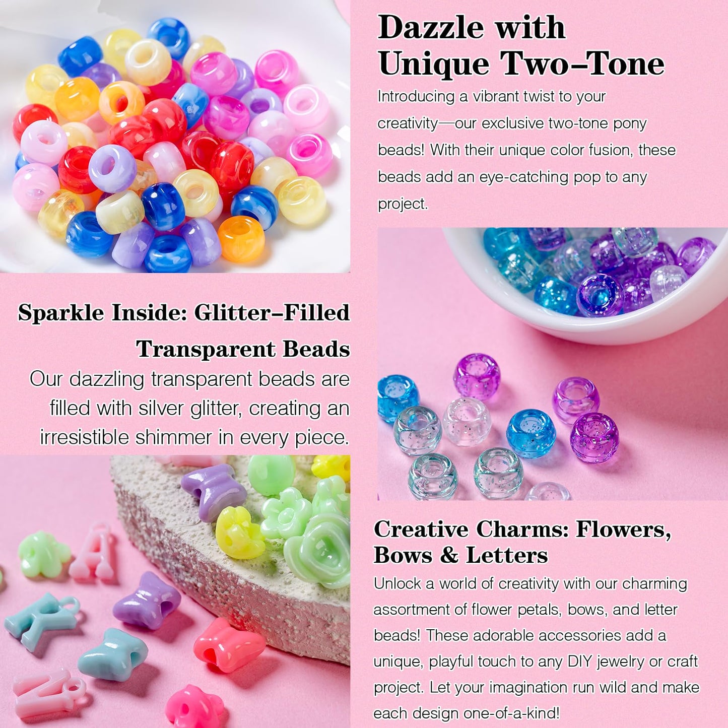 SJZWSD 5 Boxes Bracelet Making Kit Pony Beads, 6x9mm Kandi Rave Beads & Hair Beads Set with UV Color Changing, Glow-in-Dark, Chrome & Alphabet Letters for Friendship Jewelry DIY Crafts
