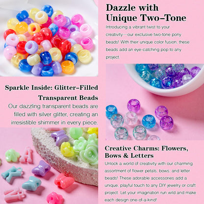 SJZWSD 5 Boxes Bracelet Making Kit Pony Beads, 6x9mm Kandi Rave Beads & Hair Beads Set with UV Color Changing, Glow-in-Dark, Chrome & Alphabet Letters for Friendship Jewelry DIY Crafts