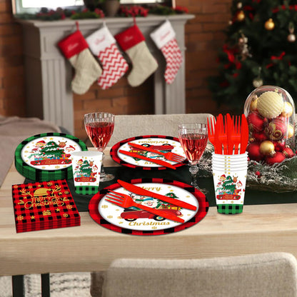 144PCS Christmas Paper Plates and Napkins Party Supplies Christmas Party Decorations Christmas Party Supplies Xmas Tableware Set Santa Claus Christmas Tree Plates Napkins Cups Forks Knives Serve 24