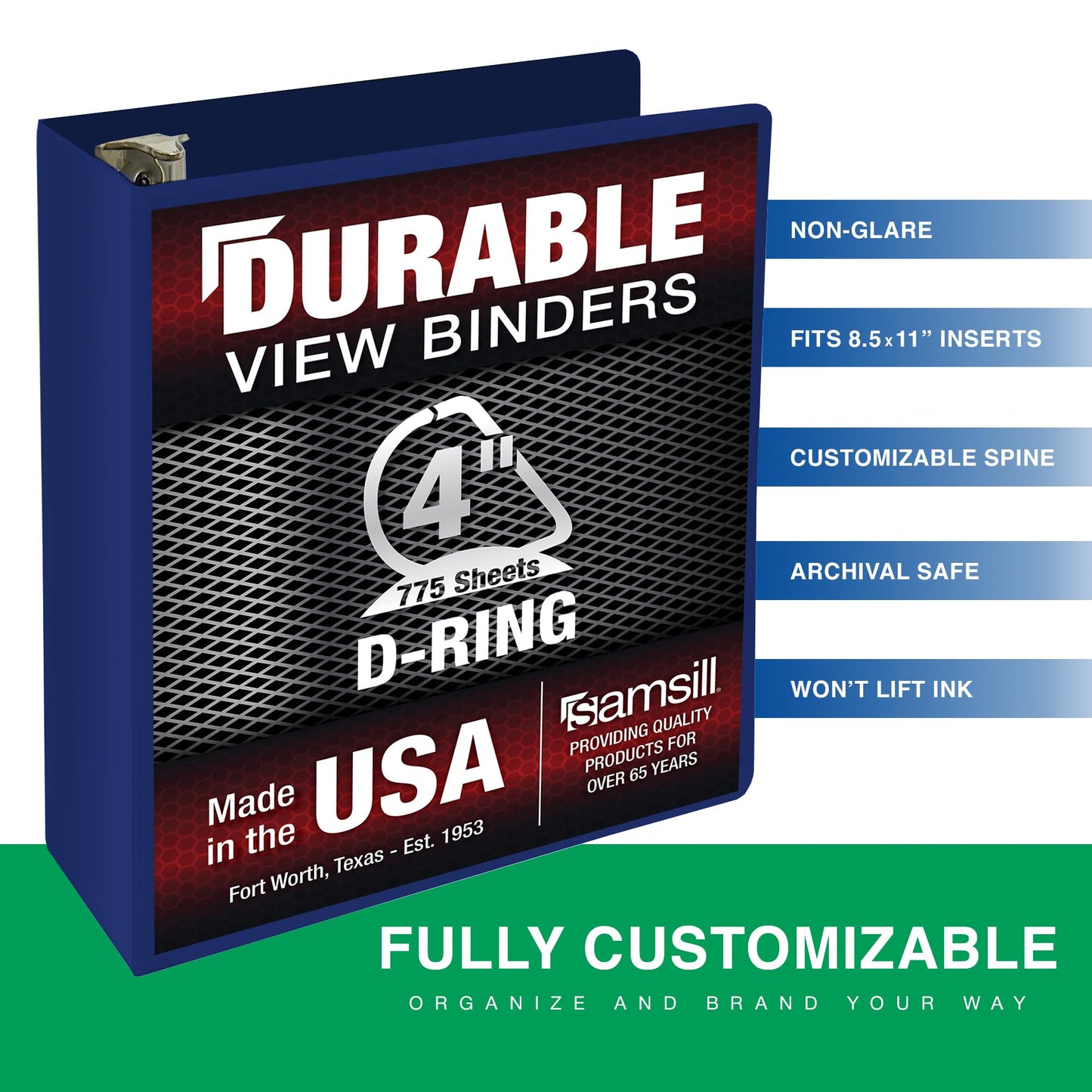 Samsill Durable 4 Inch Binder, Made in The USA, Locking D Ring Binder, Customizable Clear View Cover, Dark Blue, Holds 775 Pages