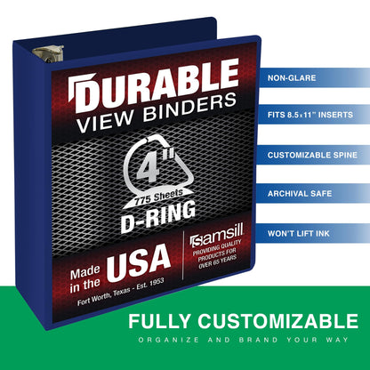 Samsill Durable 4 Inch Binder, Made in The USA, Locking D Ring Binder, Customizable Clear View Cover, Dark Blue, Holds 775 Pages