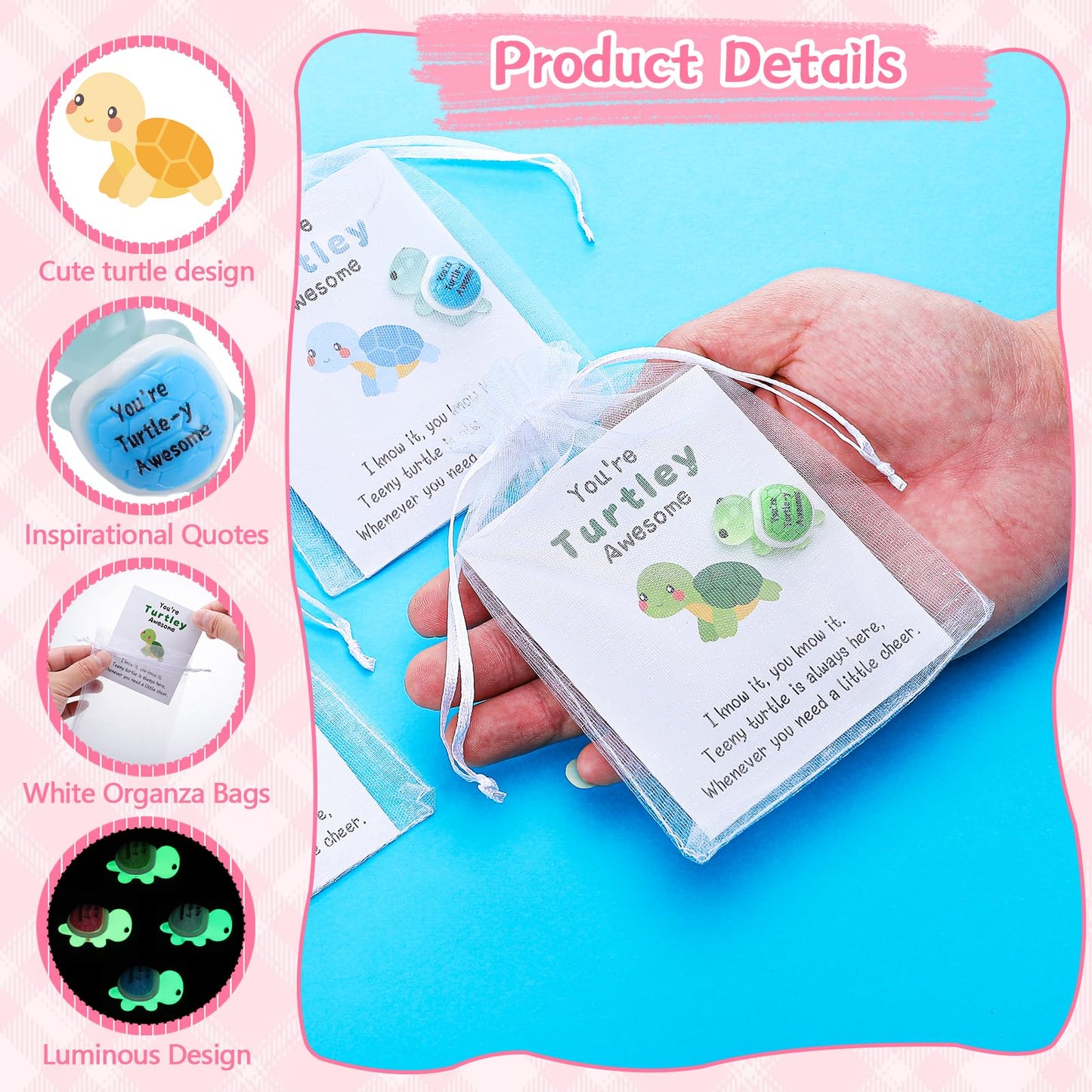 50 Sets Inspirational Gift Include You're Turtley Awesome Engraved Mini Resin Turtles Pun Thank You Cards Organza Bags Employees Appreciation Gift for Coworkers Staff Team Teacher Office