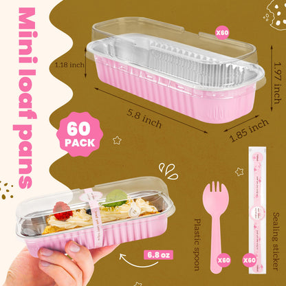 Valentines Gifts NPLUX Mini Loaf Pans with Lids and Spoons Rectangular Aluminum Foil Baking Pans Mini Cheesecake Containers 6.8oz(60 Pack, Pink)