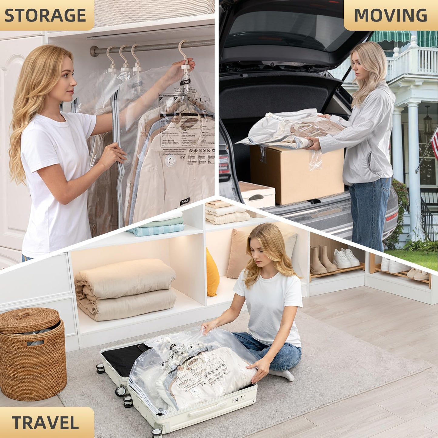 TAILI Hanging Vacuum Storage Bags Space Saver Bags for Clothes, Set of 4 (2 Long, 2 Short), Vacuum Sealer Bags for Coats, Suits and Jackets, Closet Organizers and Storage