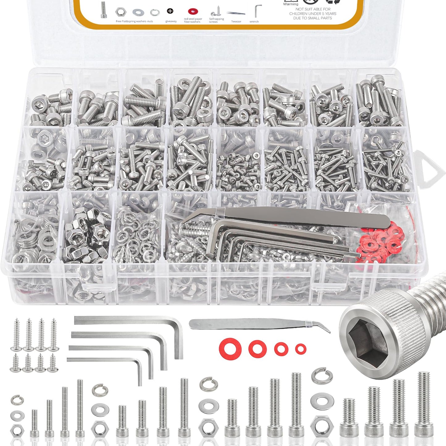 1415pcs M2 M3 M4 M5 Nuts and Bolts, 304 Stainless Steel Metric Bolt Assortment (Lock & Flat Washers),Metric Screw Assortment, Socket Head Cap Screws, Metric Bolts and Nuts Assortment Kit