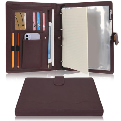 Wonderpool A4 Leather 4 Ring Holder Writing Portfolio Multi Document Case with Removable Binder Clipboard and Functional Pocket for Organizer Office Travel School (Brown)