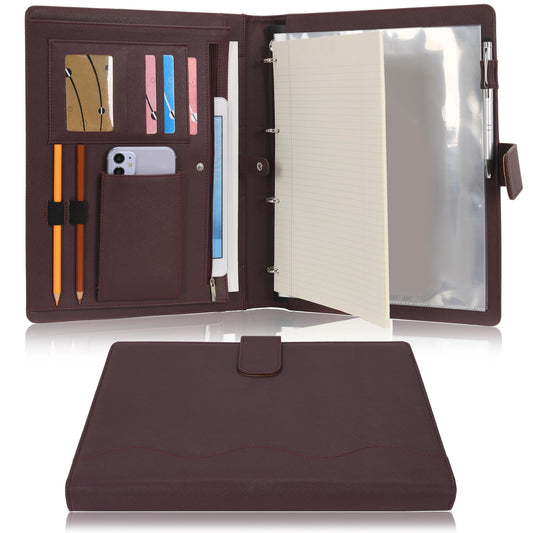 Wonderpool A4 Leather 4 Ring Holder Writing Portfolio Multi Document Case with Removable Binder Clipboard and Functional Pocket for Organizer Office Travel School (Brown)