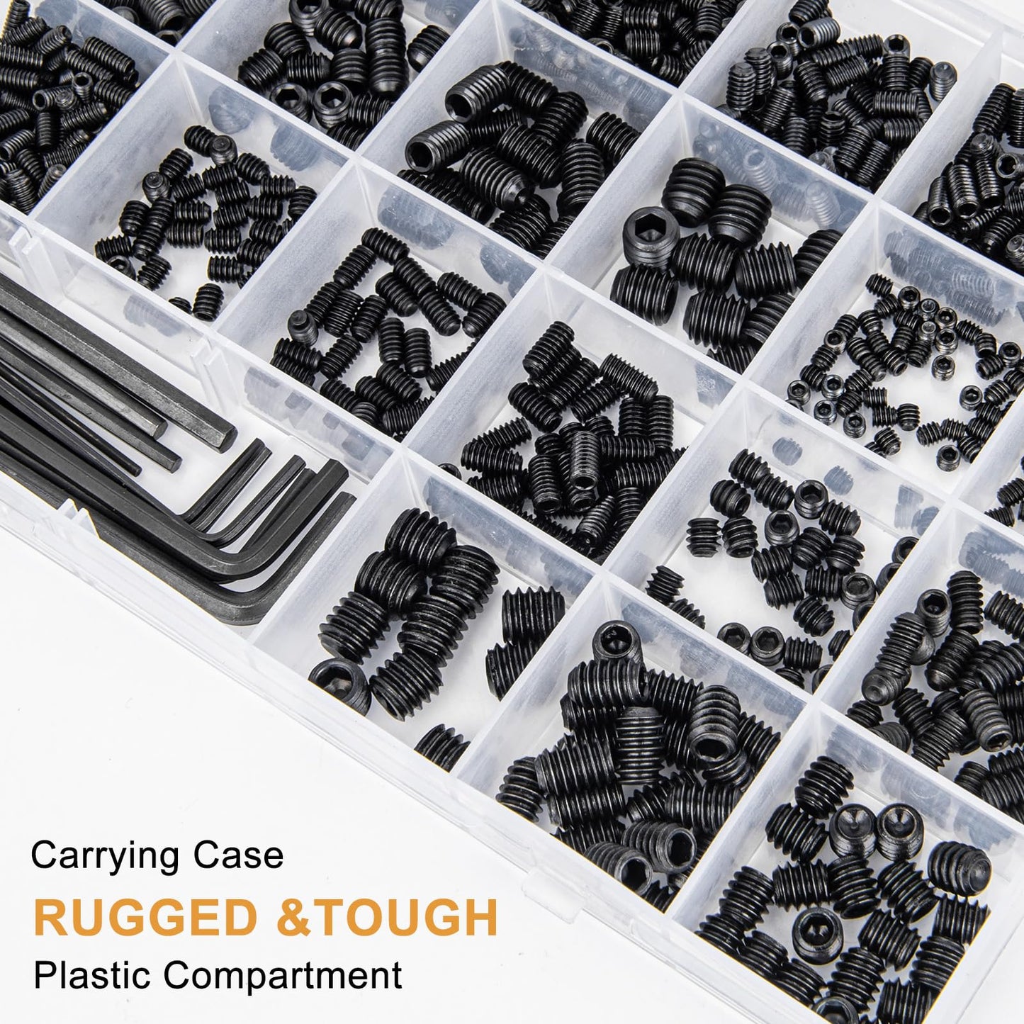 VIGRUE 1105PCS 25 Sizes Metric & SAE Set Screw Assortment Kit Internal Hex Drive Allen Grub Screws Set Cup-Point Alloy Steel, M3 to M8 and 1/8-40 to 5/16-18